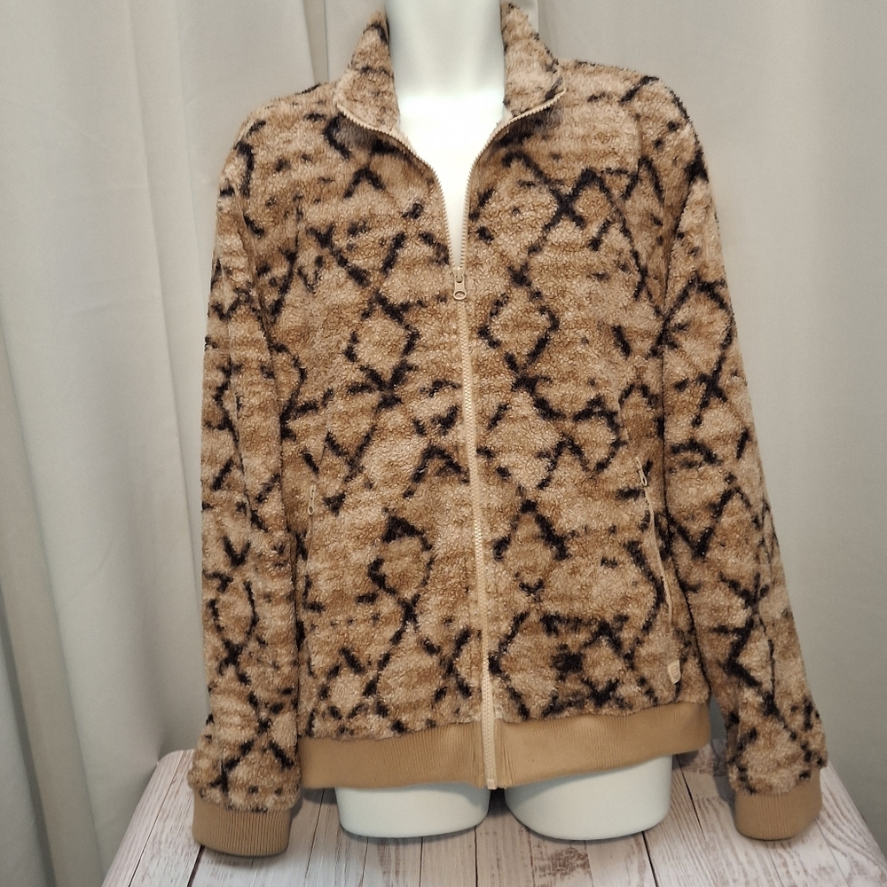 Marine Layer "Mason" Pattern High Pile Fleece Tan Geo Zip-Up Jacket Mens Large - Picture 8 of 13